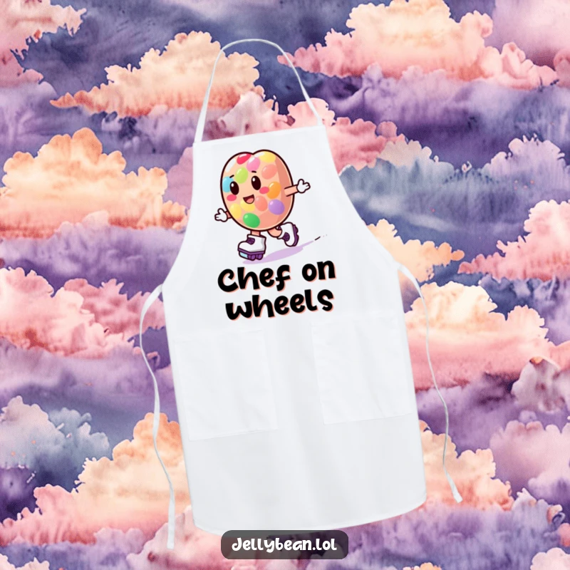 Funny jelly bean character wearing roller skates and zooming playfully on a kitchen apron, adding fun to cooking.