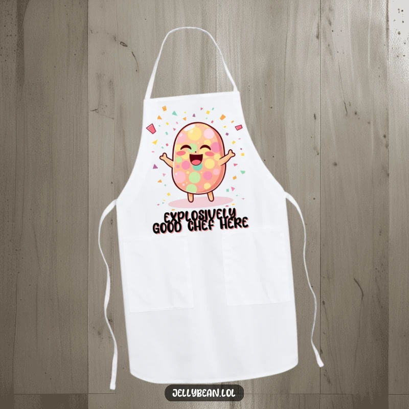 Funny apron featuring a wobbly jelly bean character laughing heartily amidst a vibrant explosion of colorful confetti, perfect for a joyful chef.