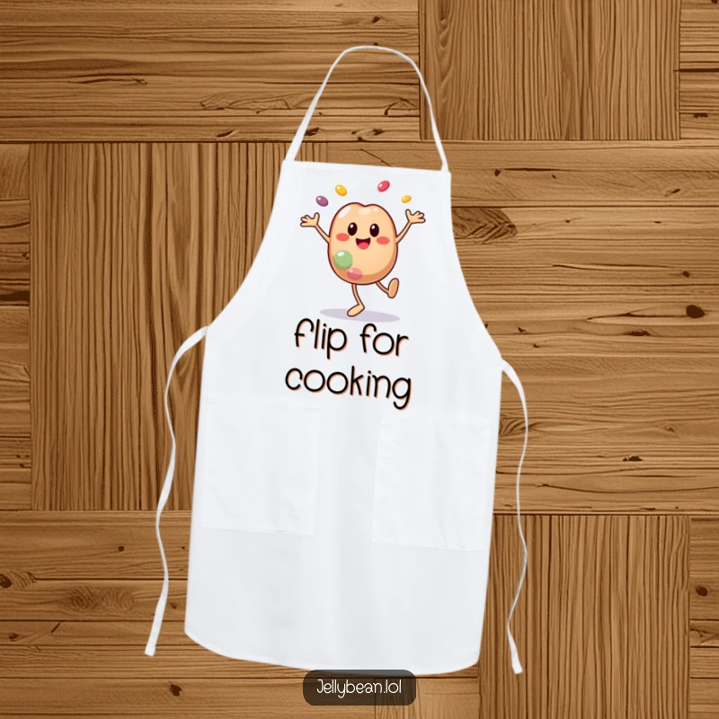 Funny apron with a smiley jelly bean character doing a cartwheel with parts flying off, perfect for kitchen duty with dynamic, funny flair. A practical funny gift.