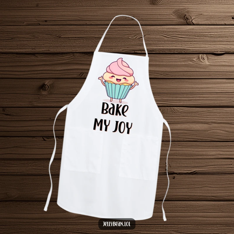 Funny apron showcasing a happy cupcake character wiggling with excitement, perfect for cooking with a dose of sweet and playful humor.
