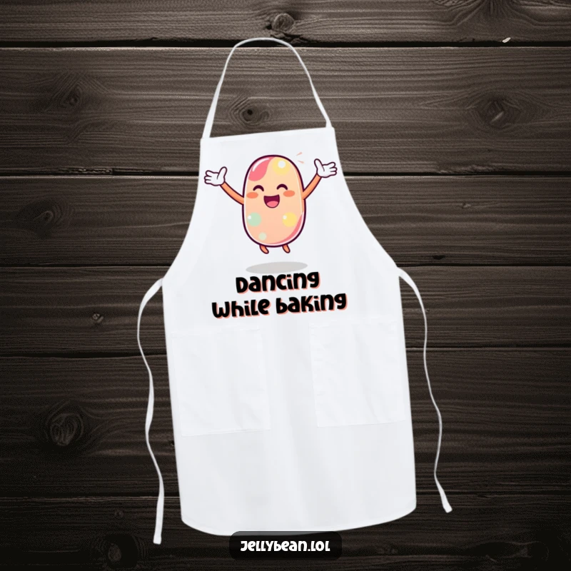 Funny Apron featuring a jelly bean character performing a joyful dance, perfect for kitchen celebrations.