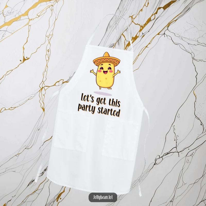 Funny apron showcasing a smiling taco character in a tiny sombrero, dancing exuberantly, perfect for adding humor to cooking and baking.