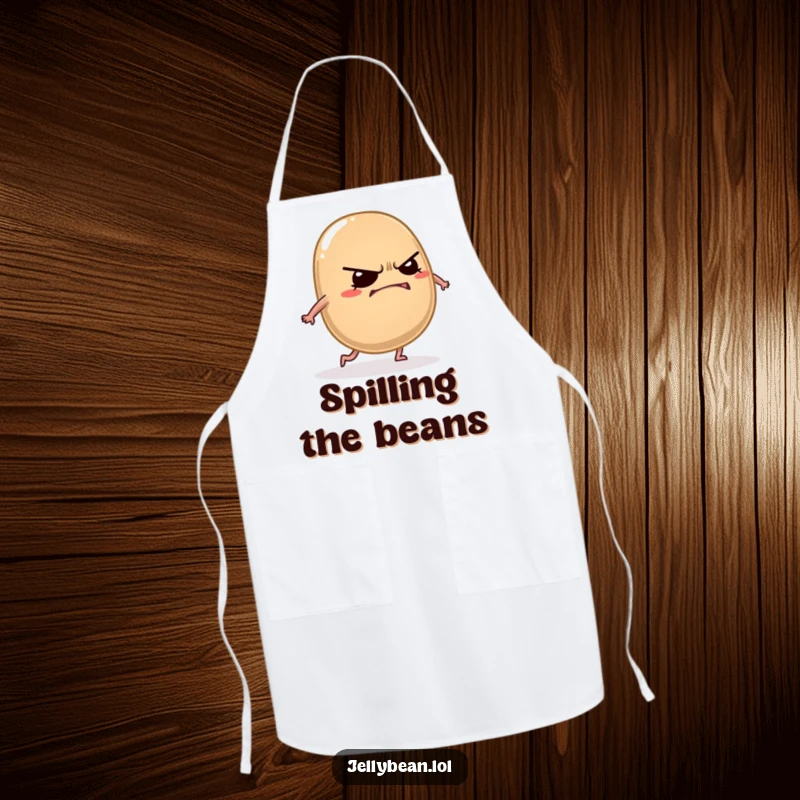 Funny grumpy jelly bean apron showing a mischievous character grinning while tripping over its own feet, perfect for cooking.