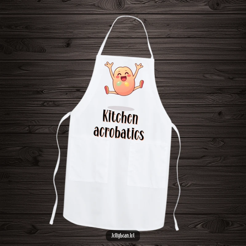 Funny Apron: An anthropomorphic jelly bean character performs a cartwheel while cooking. Ideal for chefs who love cute and funny kitchen wear.