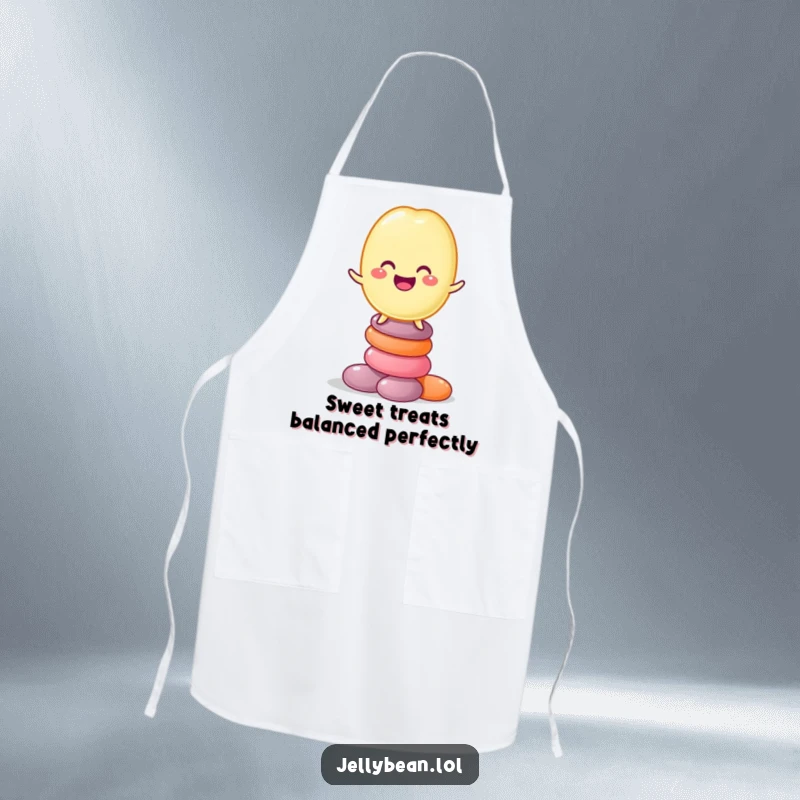 Funny apron depicting a jelly bean character grinning while balancing on a stack of candies, perfect for a humorous cooking experience.