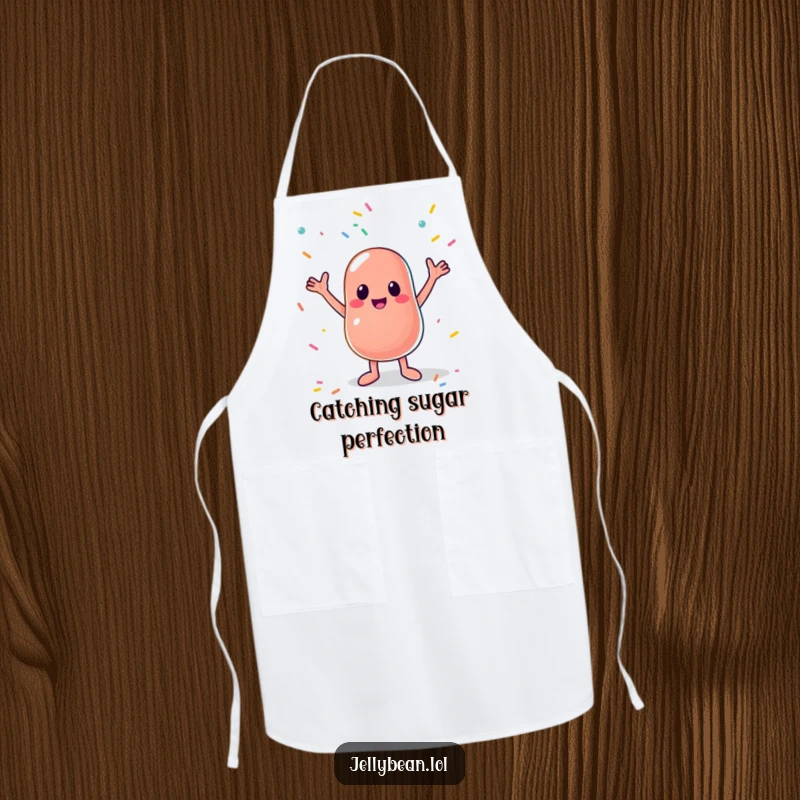 Funny apron showing an anthropomorphic jelly bean enthusiastically catching sprinkles, ready for kitchen fun and adding humor to cooking tasks.
