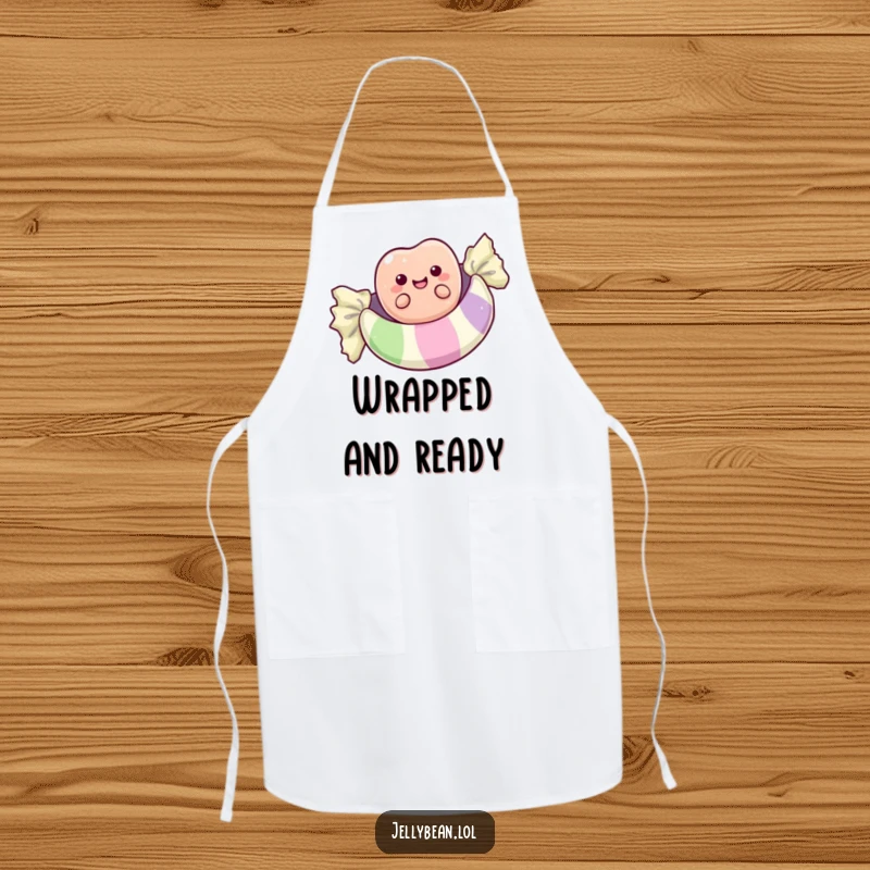 Funny apron depicting a happy anthropomorphic jelly bean floating on a candy wrapper, making kitchen tasks more fun and sweet.