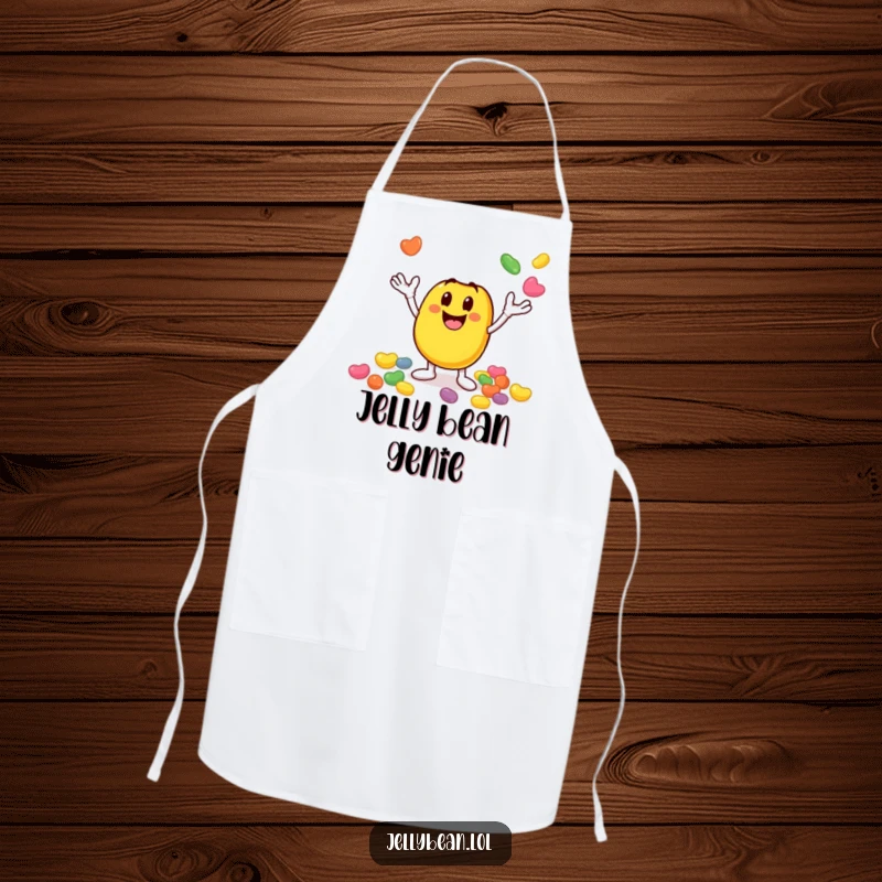 Funny apron with a smiley jelly bean character juggling smaller jelly beans, perfect for kitchen duty with vibrant, funny energy. A practical funny gift.