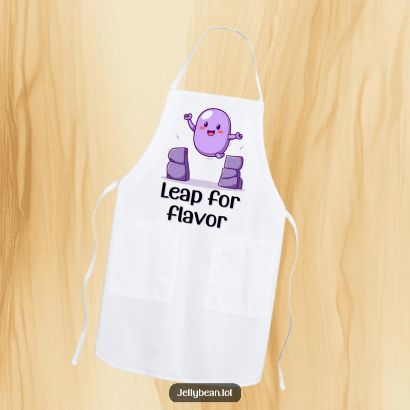 Funny purple jelly bean apron in a heroic leap, ready for kitchen challenges, a practical funny gift.