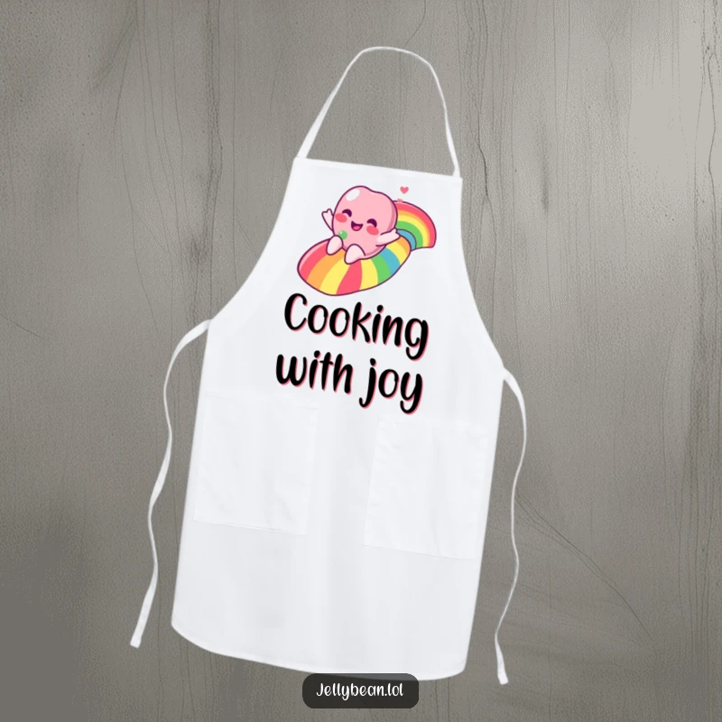 Funny jelly bean character sliding down a rainbow on a kitchen apron, combining practicality with cheerful design.
