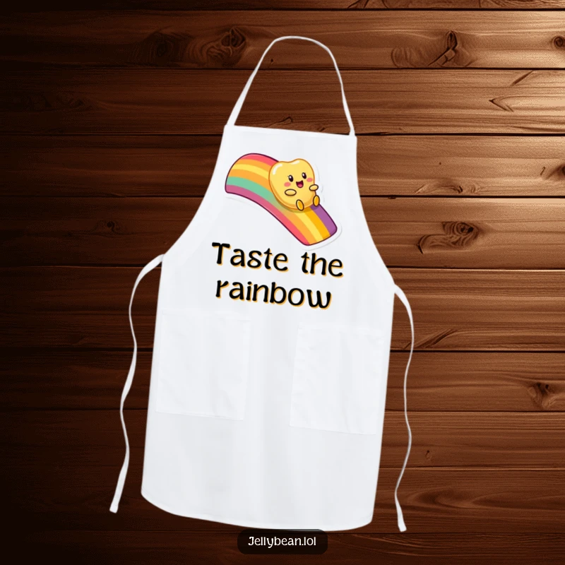 Funny apron showcasing an anthropomorphic jelly bean character playfully sliding down a dazzling, colorful rainbow.