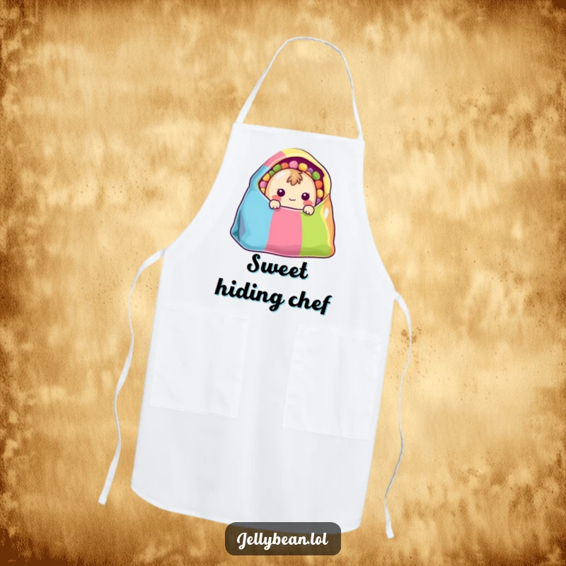 Funny Apron: A shy jelly bean character peeks from a colorful bag, adding sweet humor and protection to kitchen tasks.