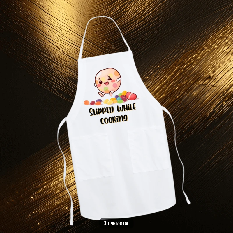 Funny Apron featuring a jelly bean character slipping on scattered candy, perfect for culinary adventures.