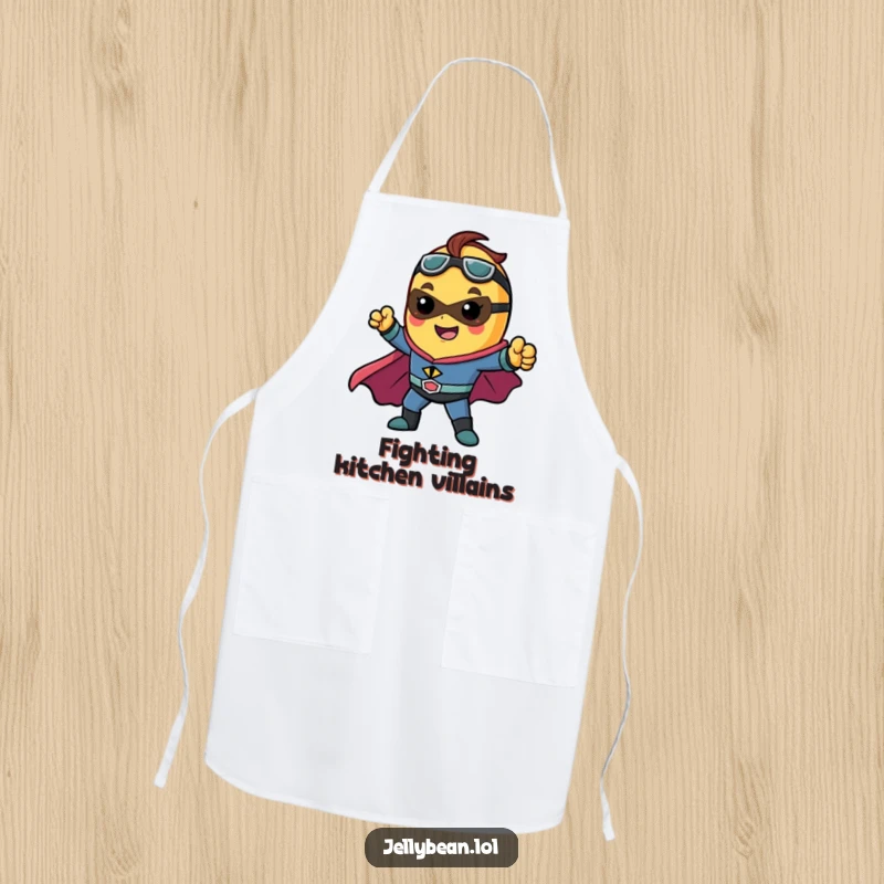 Funny apron featuring a jelly bean character as a superhero, striking a dynamic pose, perfect for cooking and baking.