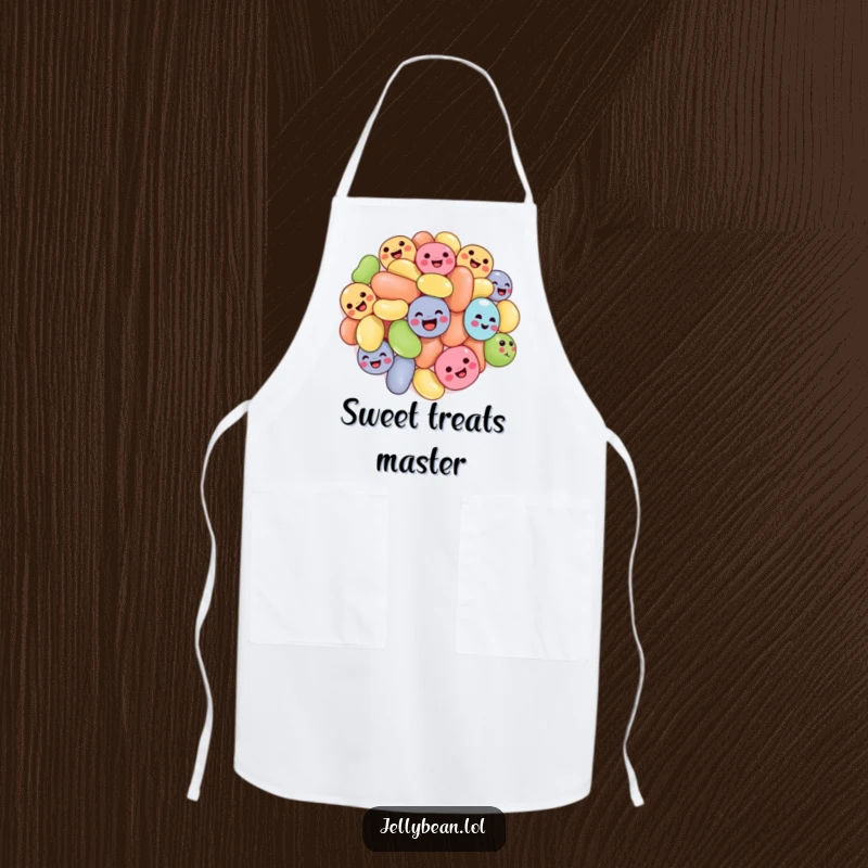 Funny tumbling jelly beans apron showing a cluster of jelly beans with joyful expressions, tumbling, making cooking and baking deliciously amusing.