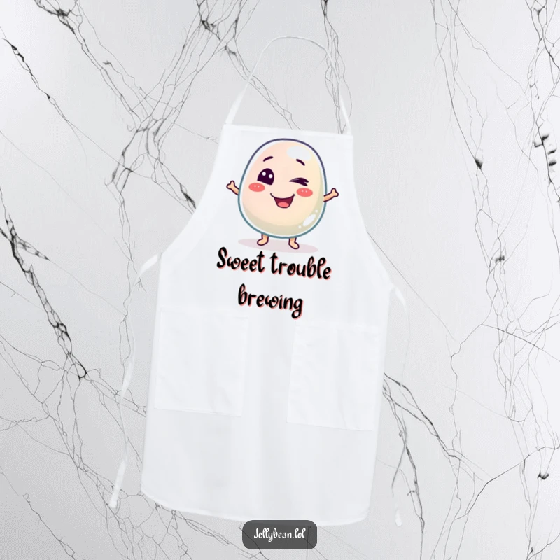 Funny apron featuring a mischievous jelly bean character winking, designed for cooks who want to add playful humor to their kitchen attire.