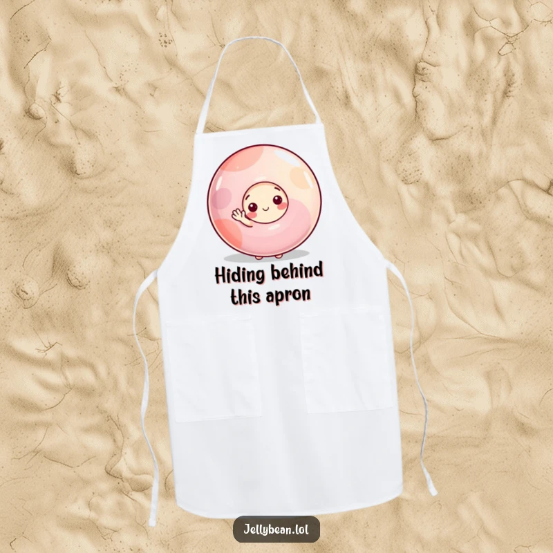 Funny apron featuring a shy jelly bean character peeking from behind a giant gumdrop, offering a small, gentle wave to fellow kitchen enthusiasts.