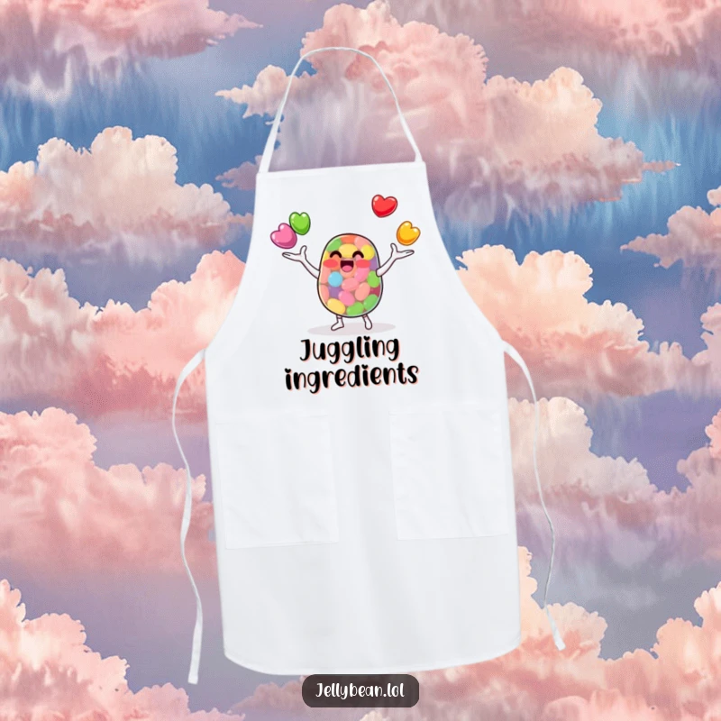 Funny Apron: An anthropomorphic jelly bean character juggles smaller jelly beans while cooking. Ideal for chefs who love cute and funny kitchen wear.