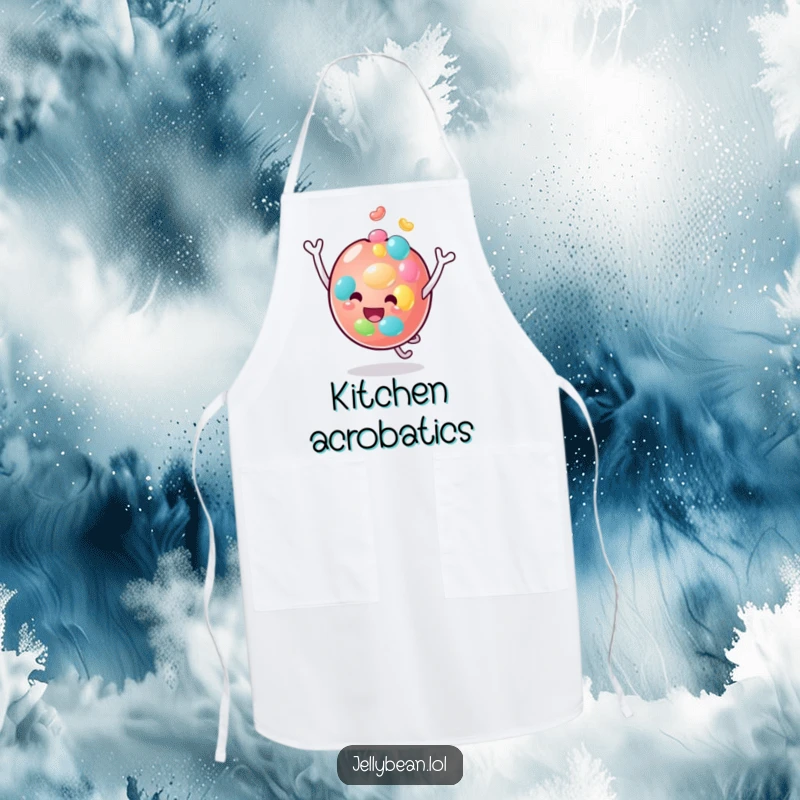 Funny apron showcasing a gleeful jelly bean character hilariously bouncing on its head, perfect for kitchen adventures and adding humor to cooking.