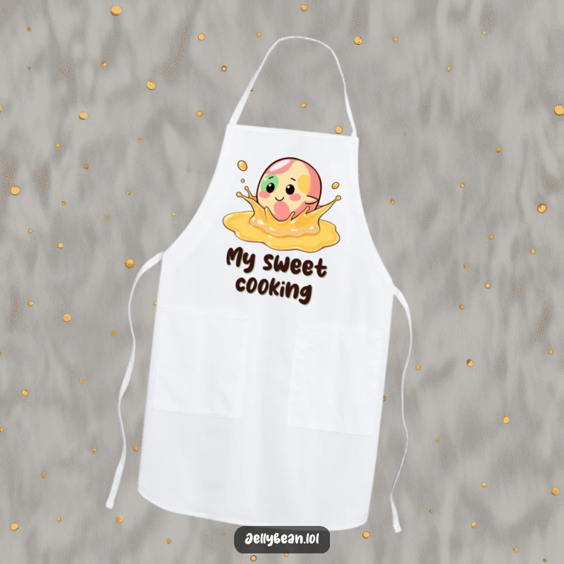 Funny Apron: A jelly bean character splashes with glee in syrup, making this apron a fun and practical choice for any kitchen.