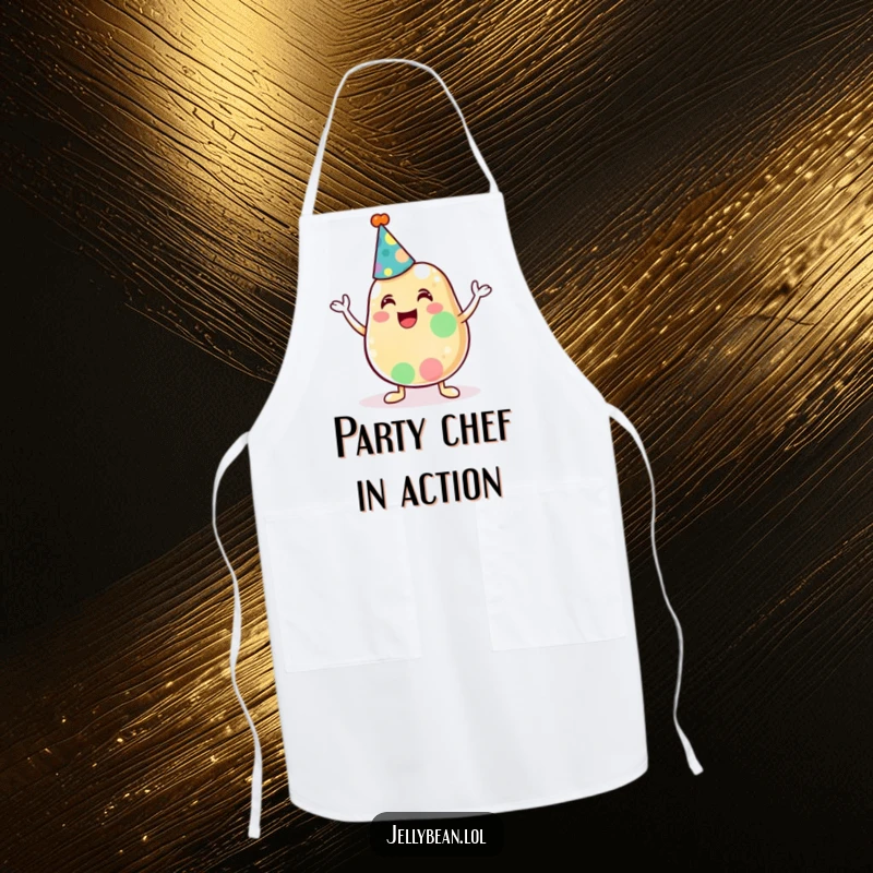 Funny apron showcasing an anthropomorphic jelly bean character in a party hat, ready to add cheer to any cooking task.