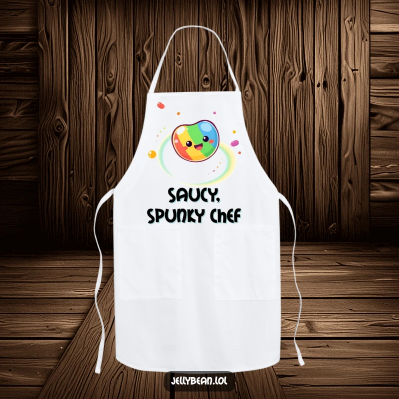 Funny Apron displays a dizzy jelly bean spinning, leaving a dynamic trail of rainbow colors, adding a fun touch to cooking.