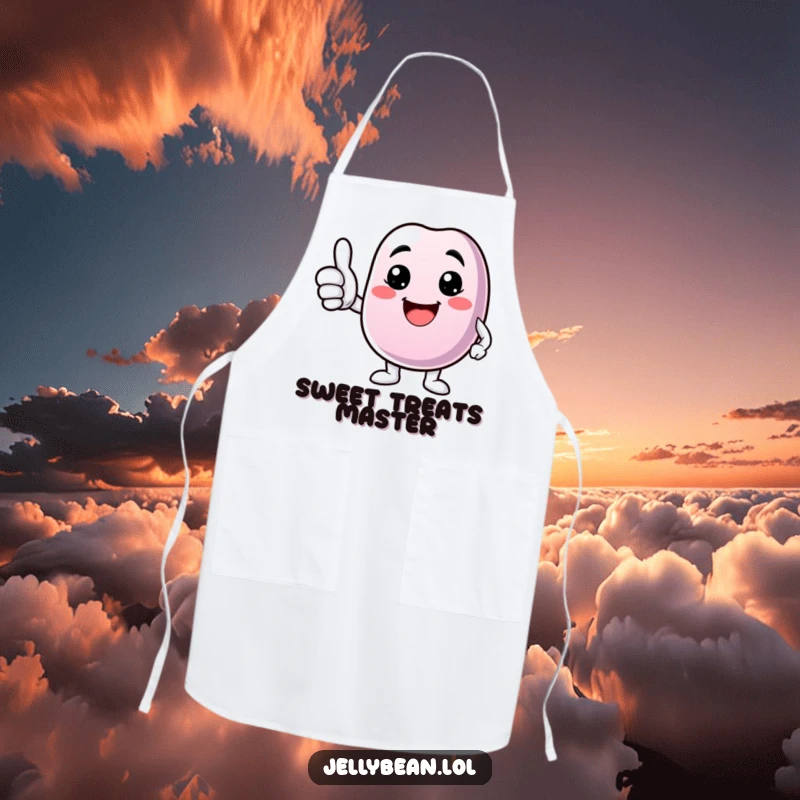 Funny apron with a jelly bean character giving a thumbs up and a bright smile, ready for kitchen fun.