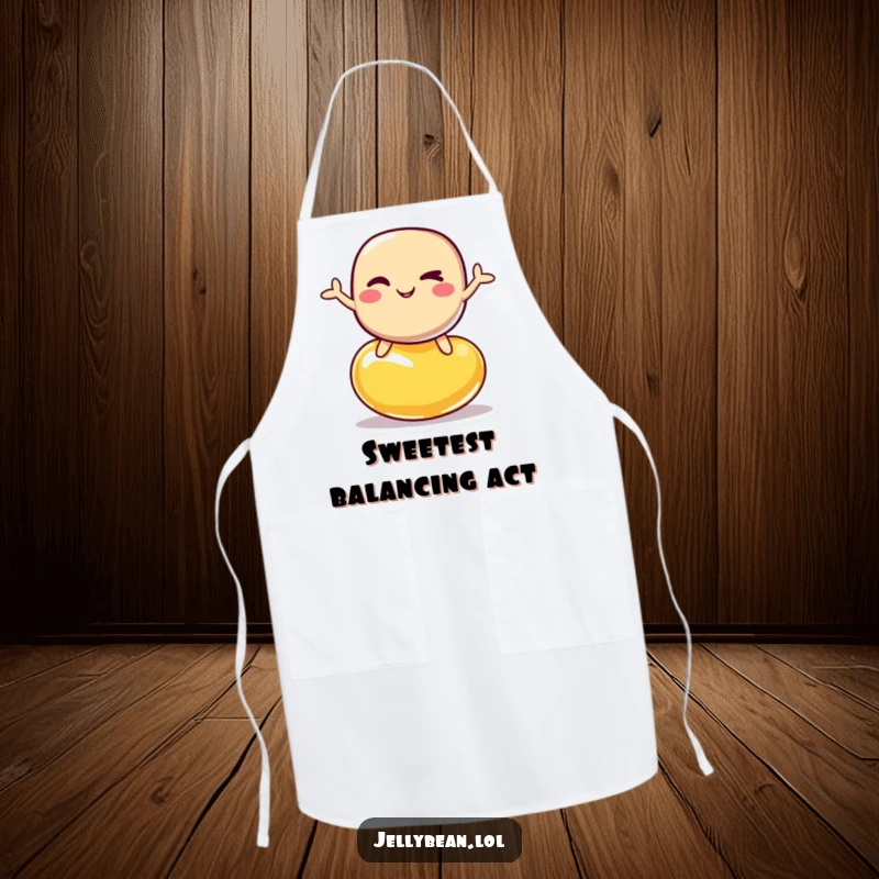 Funny apron showing a jelly bean character winking while balancing on another jelly bean, perfect for cooking with humor.