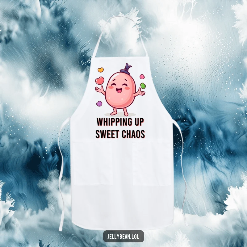 Funny apron featuring a happy jelly bean character skillfully juggling candies, perfect for cooking, baking, or crafting.