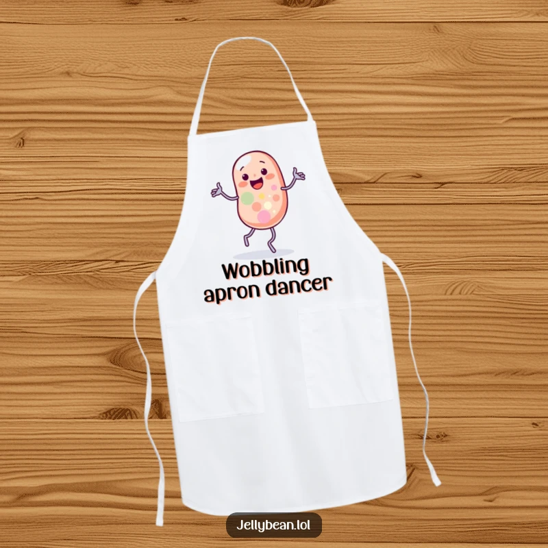 Funny apron with a jelly bean character doing a silly jig with wobbling legs, ready for kitchen fun.