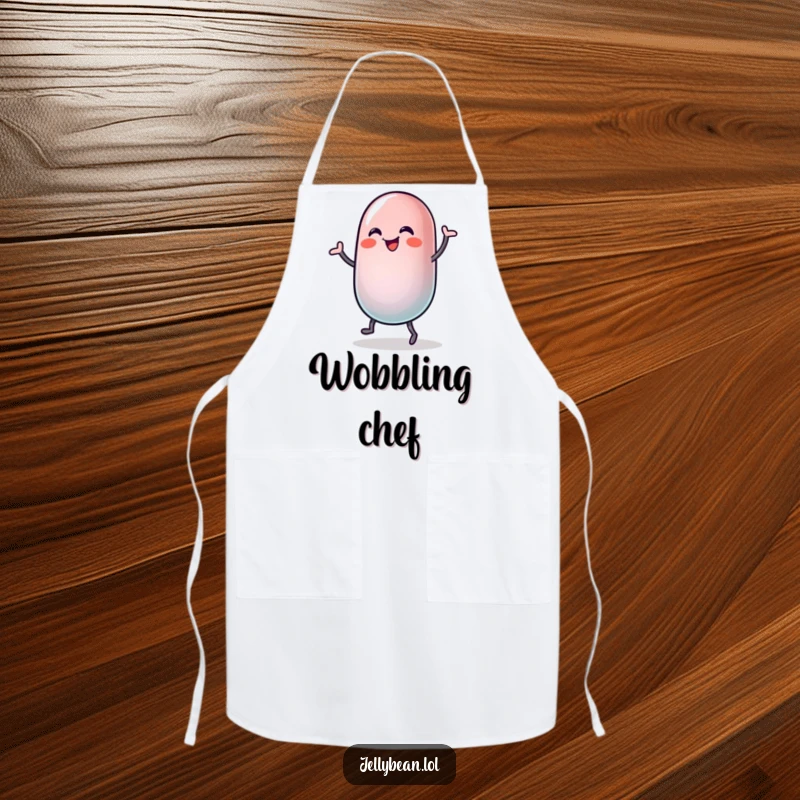 Funny apron with a jelly bean character doing a silly, wobbly dance with pure joy, ideal for kitchen fun.