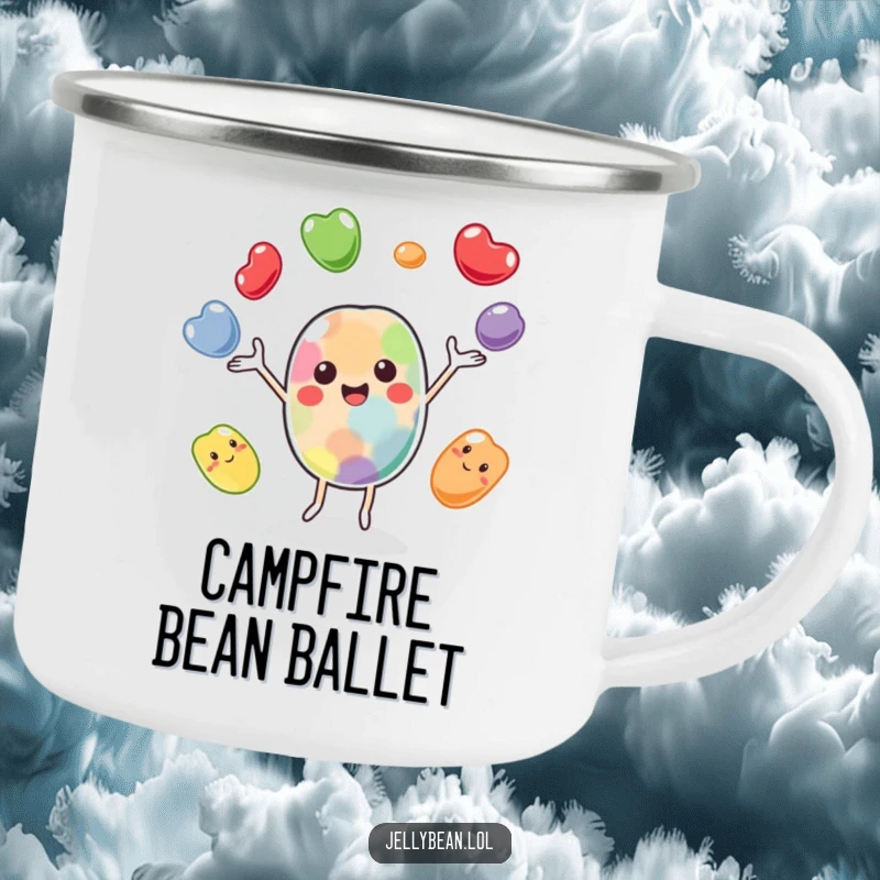Funny camping mug featuring a cheerful jelly bean character juggling its bean friends, ideal for enjoying beverages outdoors with playful humor.