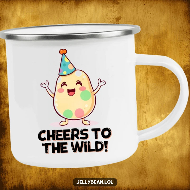 Funny camping mug with a cute anthropomorphic jelly bean character wearing a party hat and cheering, ready for adventure.