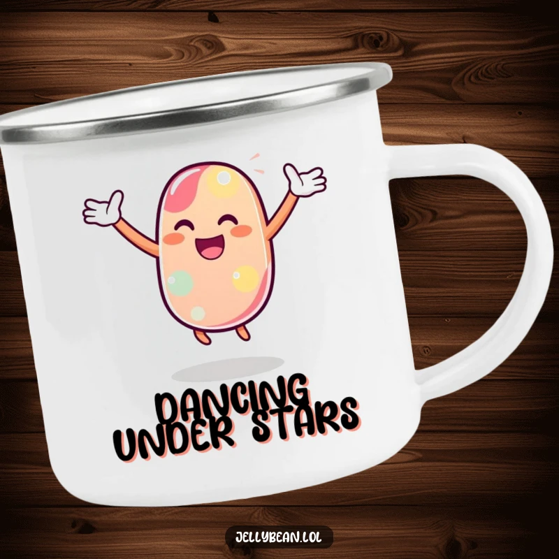Funny Camping Mug featuring a jelly bean character performing a joyful dance, perfect for celebratory outdoor sips.