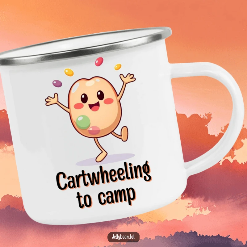 Funny camping mug with a smiley jelly bean character doing a cartwheel with pieces flying off, perfect for outdoor fun with dynamic, funny energy. Ideal funny gift.