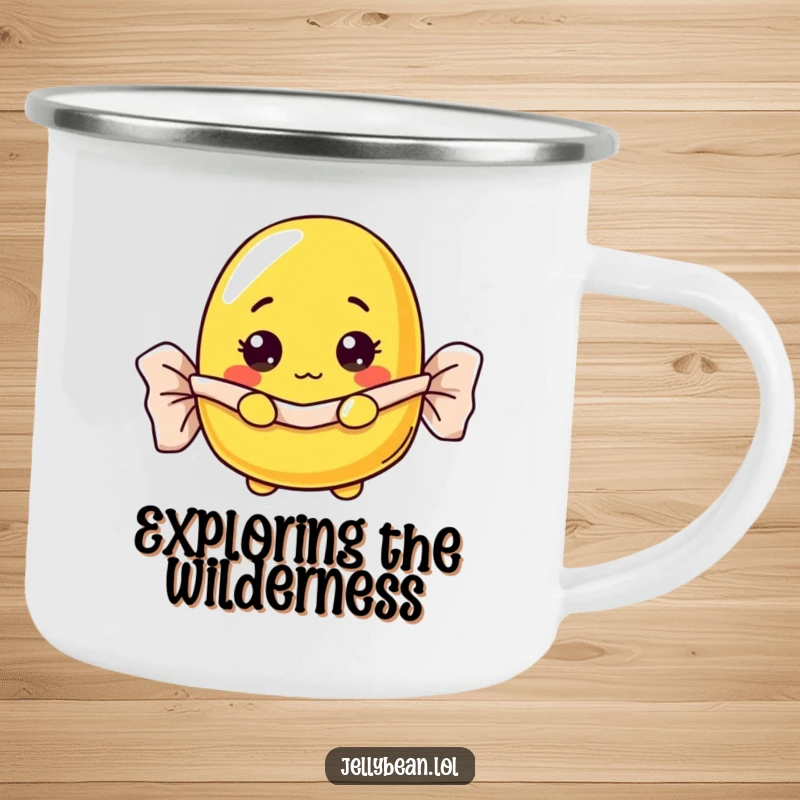 Funny curious yellow jelly bean camping mug peeking from a wrapper, perfect for outdoor funny gifts.