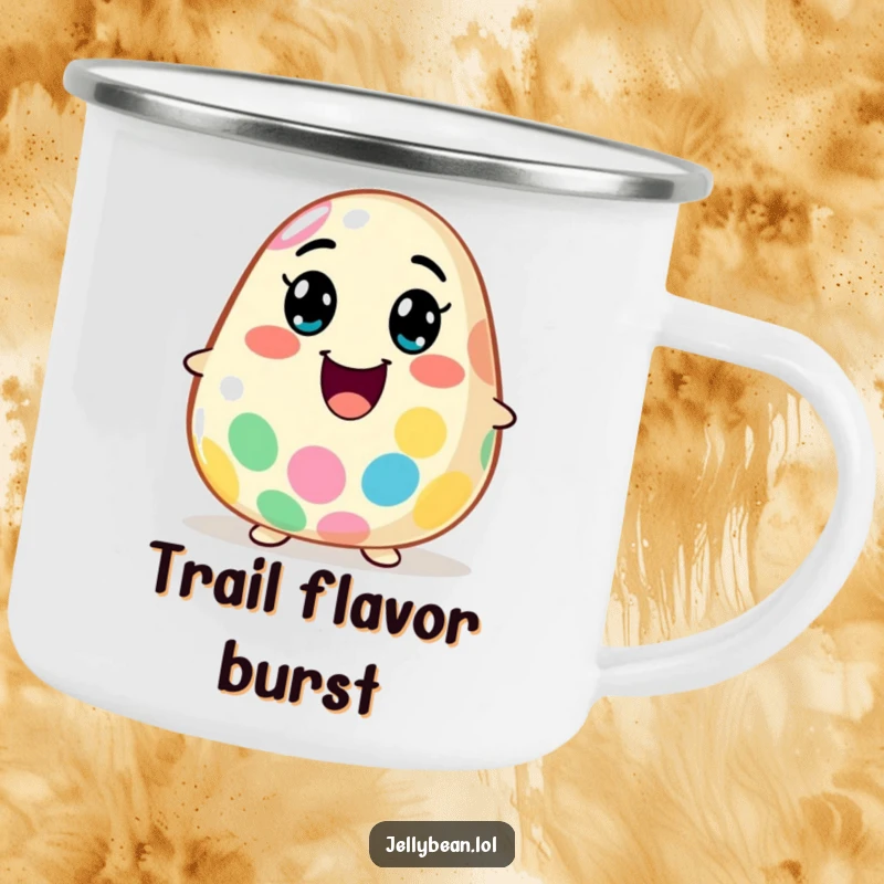 Funny Camping Mug: A jelly bean character explodes with flavor and a wide smile, designed for durable, taste-themed outdoor enjoyment.