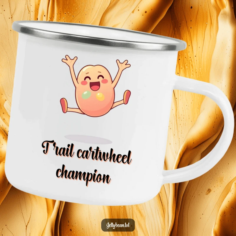 Funny Camping Mug: An anthropomorphic jelly bean character performs a cartwheel with joy. Ideal for campers who love cute and funny outdoor gear.