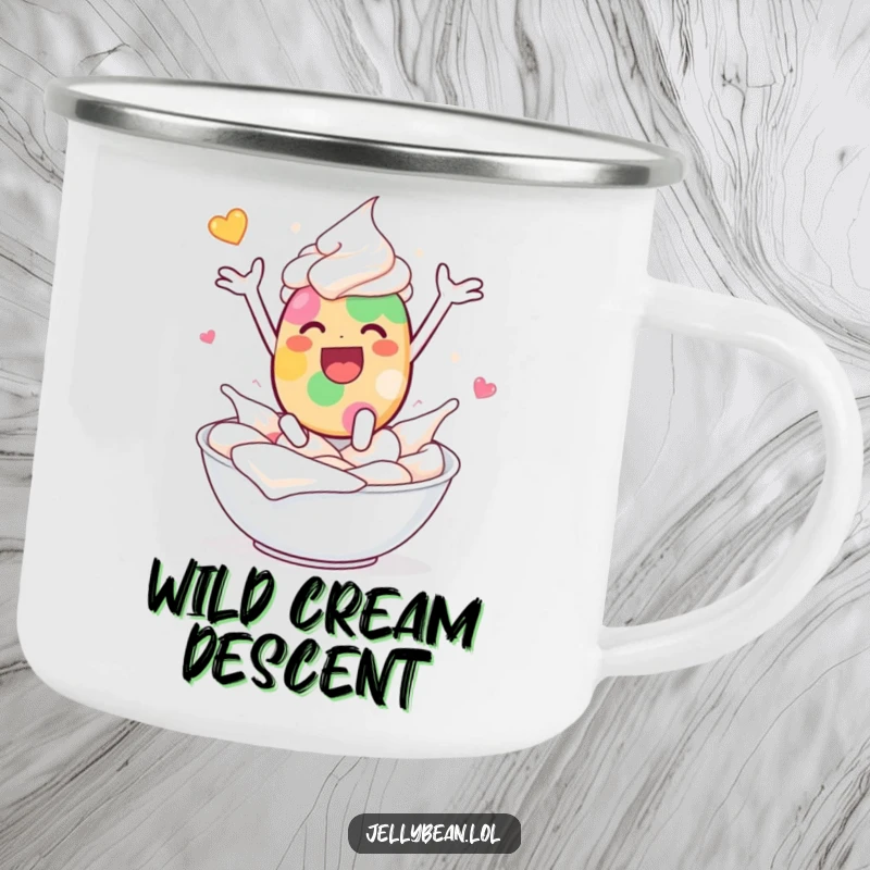 Funny camping mug of a jelly bean character leaping into whipped cream with delighted abandon, perfect for outdoor enjoyment.