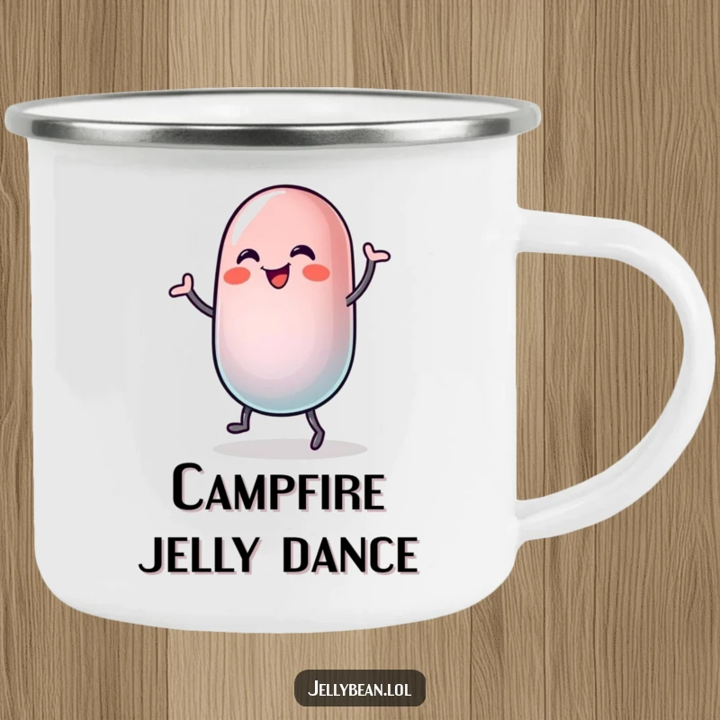 Funny camping mug of a jelly bean character performing a silly, joyful dance, its body wobbling with pure happiness.