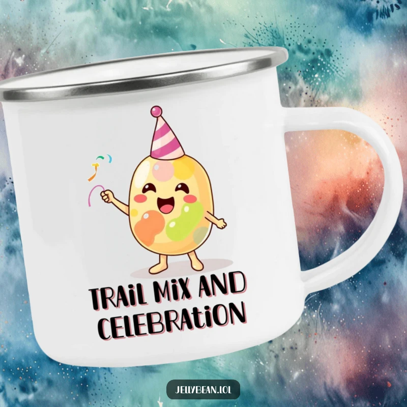 Funny Camping Mug featuring a beaming jelly bean character joyfully throwing a party streamer, ready for any outdoor celebration.