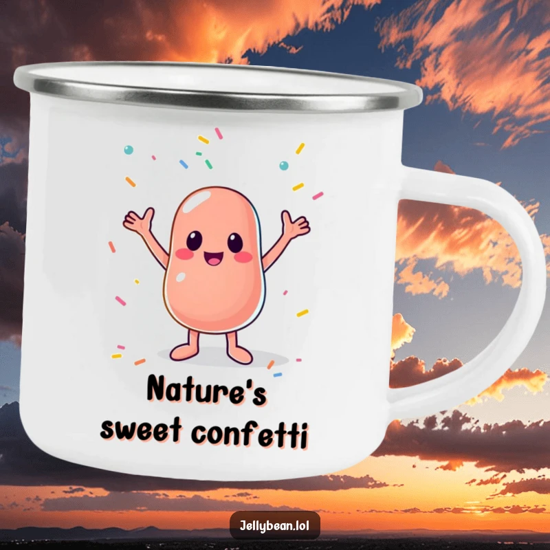 Funny camping mug featuring an anthropomorphic jelly bean joyfully catching sprinkles, ideal for outdoor trips and bringing smiles.