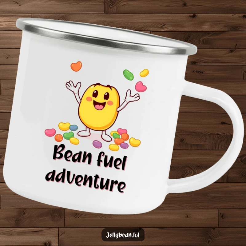 Funny camping mug with a smiley jelly bean character juggling smaller jelly beans, perfect for outdoor fun with vibrant, funny energy. Ideal funny gift.