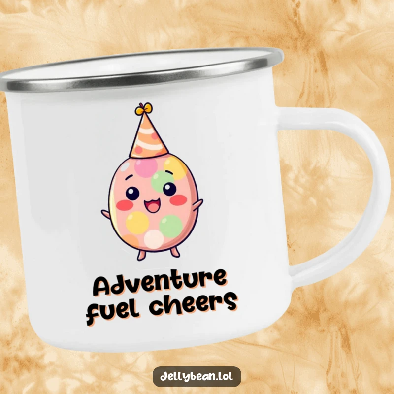Funny jelly bean camping mug featuring a delighted character in a party hat, perfect for outdoor enjoyment, a durable and humorous drinkware item, ideal funny gift.