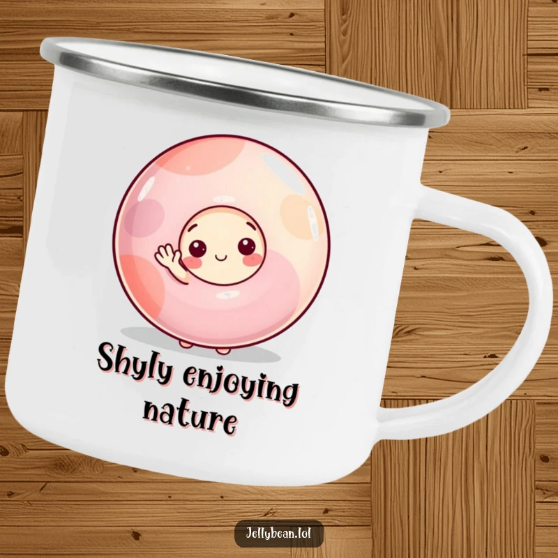 Funny camping mug with a shy jelly bean character peeking from behind a large gumdrop, offering a small, gentle wave, ideal for outdoor calm.