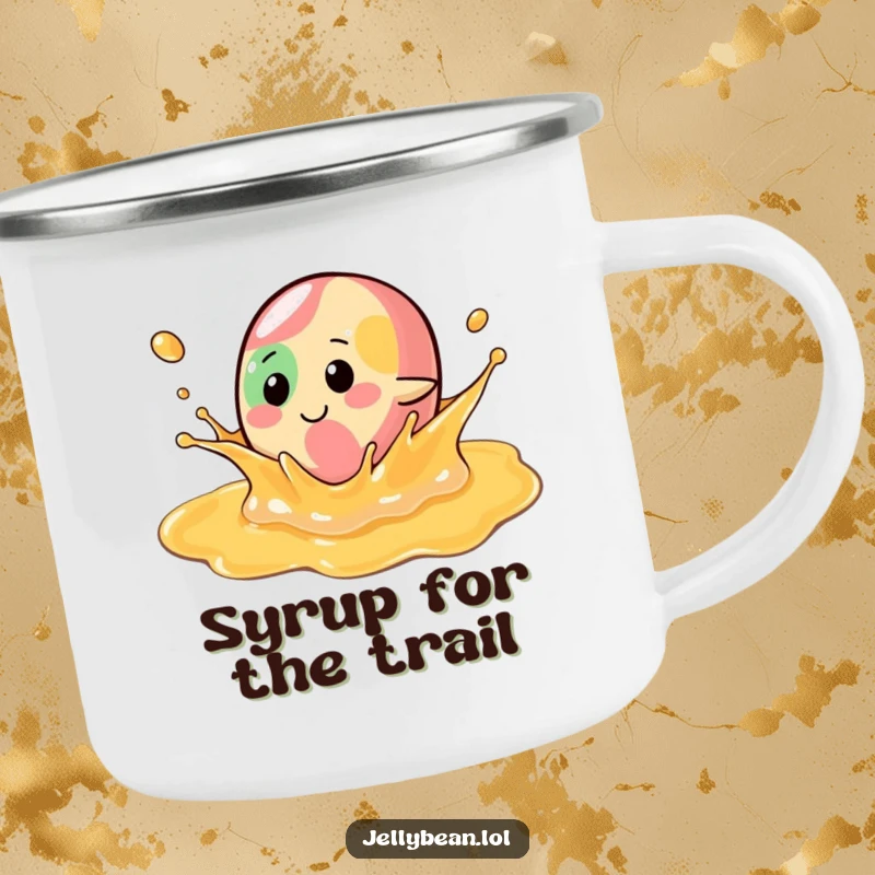 Funny Camping Mug: A jelly bean character splashes in syrup, designed for durability and enjoyment during outdoor adventures, with a humorous touch.