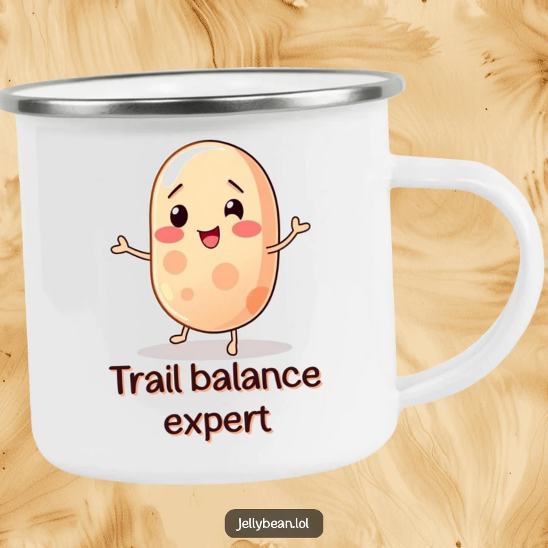 Funny jelly bean camping mug featuring a wobbly character trying to balance, perfect for enjoying drinks outdoors with humor, a durable and funny gift.