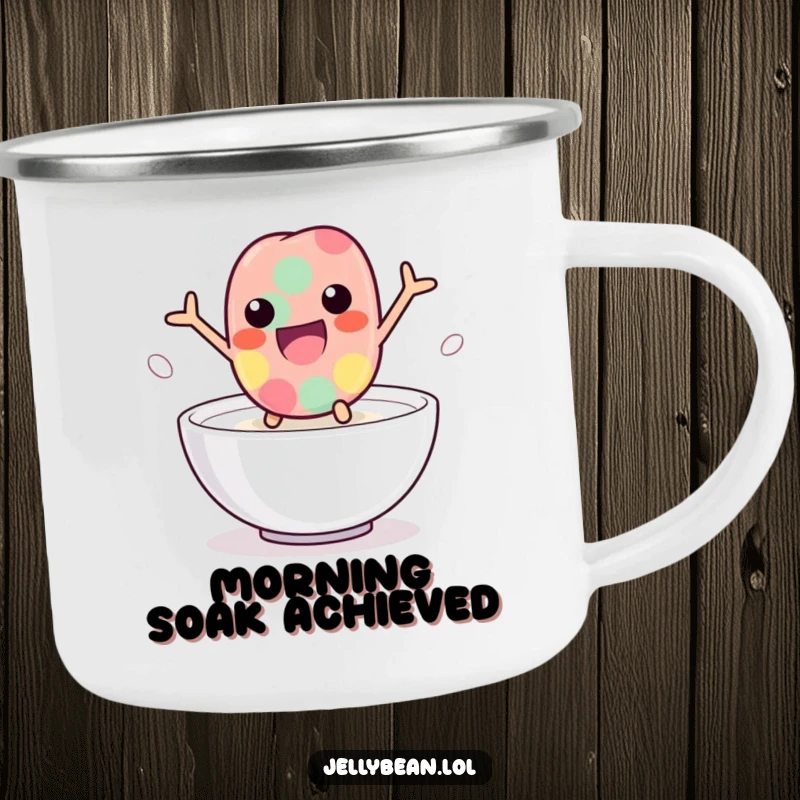 Funny jelly bean camping mug featuring a playful character leaping into milk, perfect for enjoying drinks outdoors with humor, a durable and funny gift.