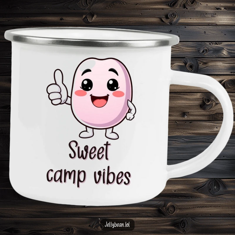Funny camping mug with a jelly bean character giving a thumbs up and a bright smile, ready for outdoor positivity.