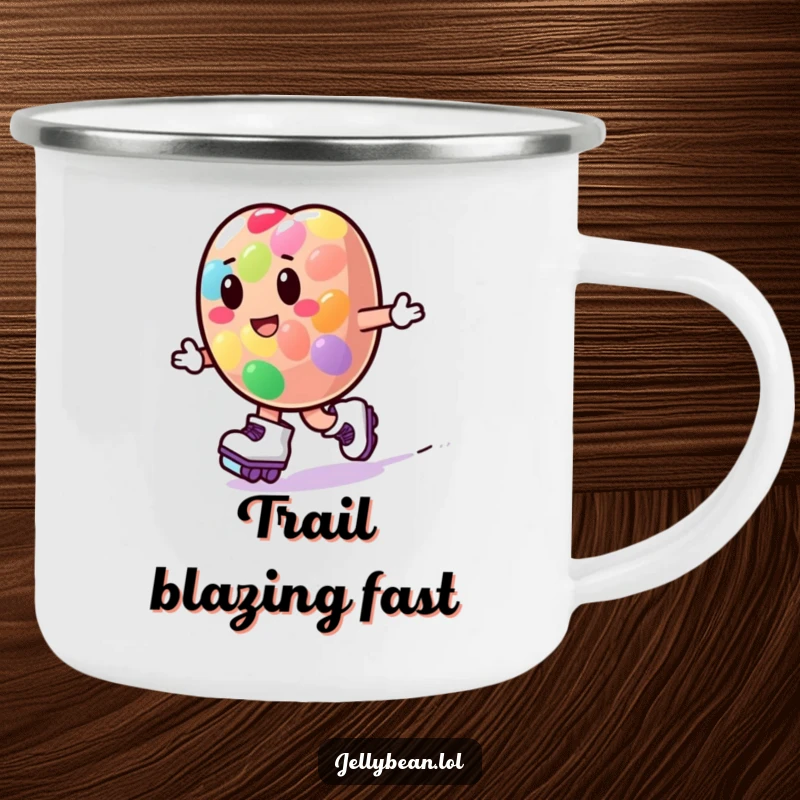 Funny jelly bean character wearing roller skates and zooming playfully on a camping mug, perfect for active outdoor enjoyment.